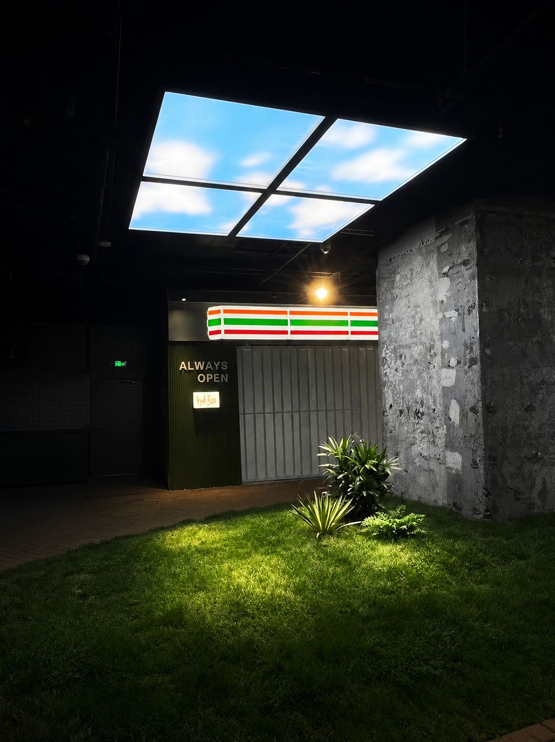 Suspended grid of artificial skylights in an underground shopping mall